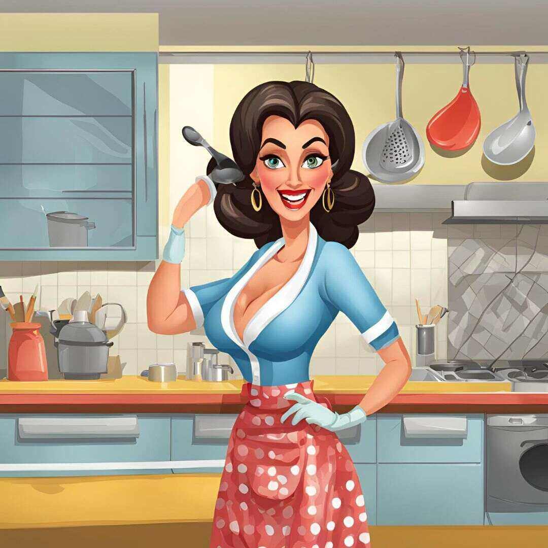 a busty housewife cooking in the kitchen